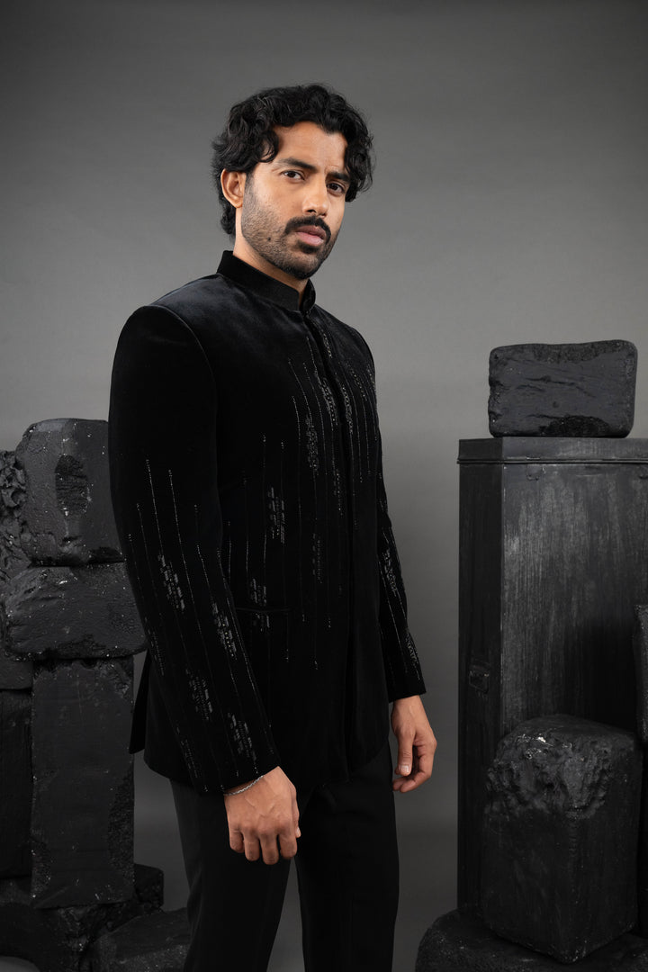Black Velvet Beadwork Tuxedo Set