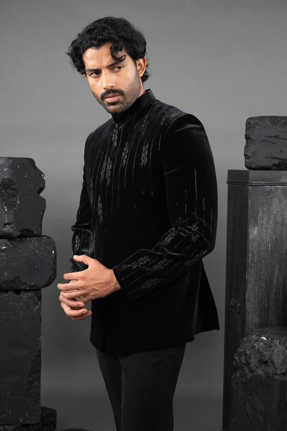 Black Velvet Beadwork Tuxedo Set