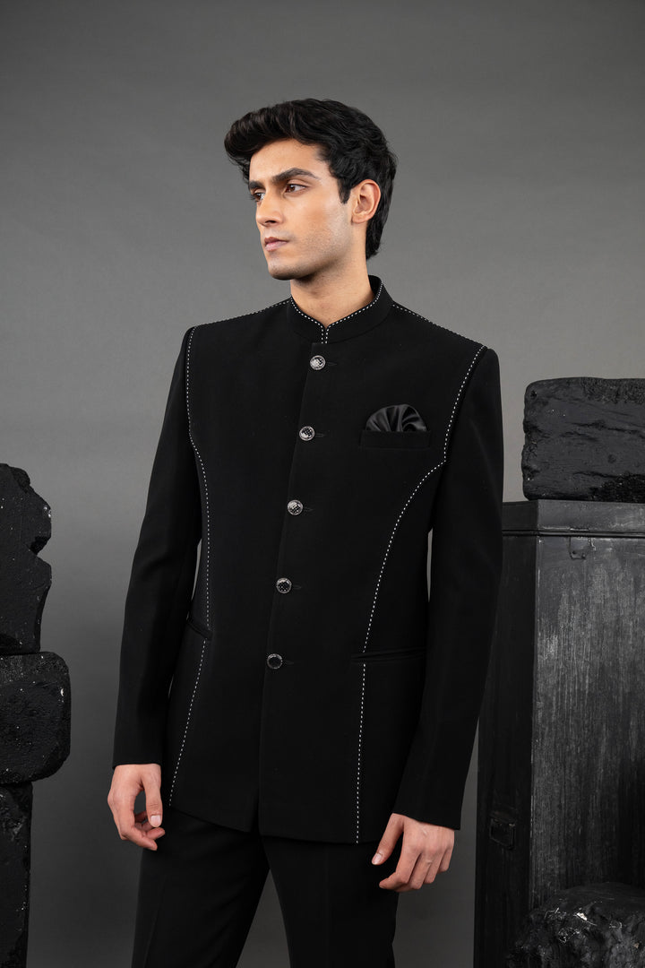 Black Japanese Fabric Thread Embroidered Jodhpuri Set
