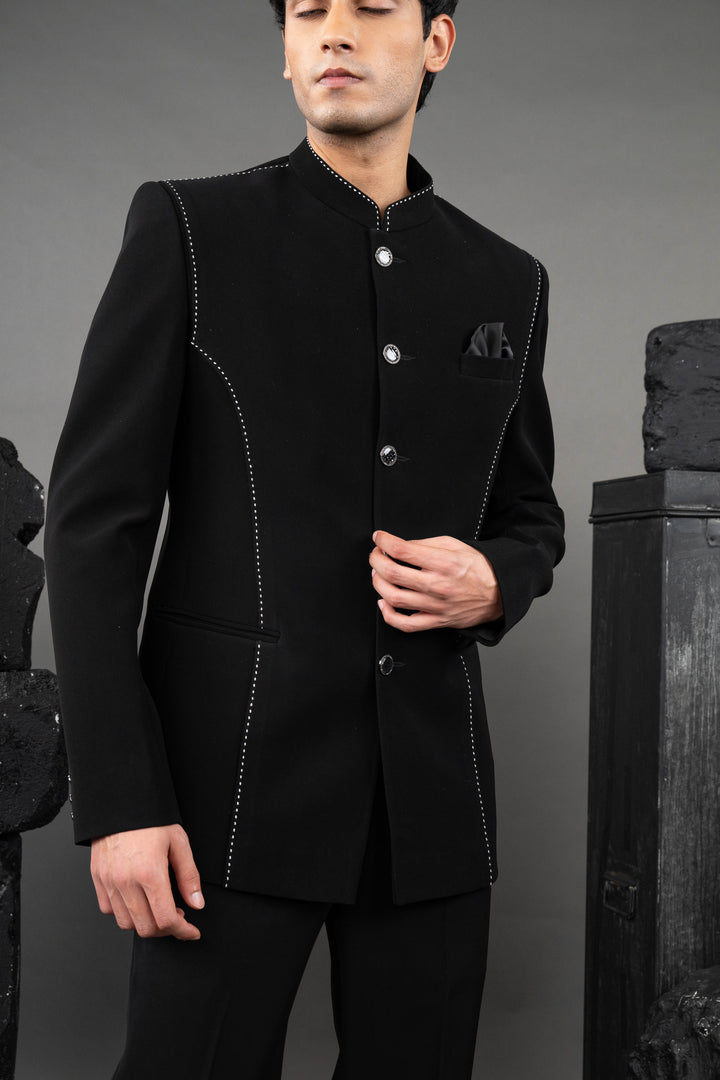 Black Japanese Fabric Thread Embroidered Jodhpuri Set