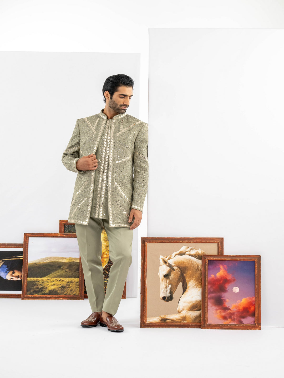 Grey open Indo western with machine embroidery