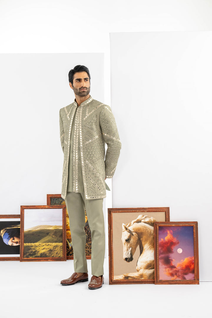 Green Raw Silk Indowestern Set