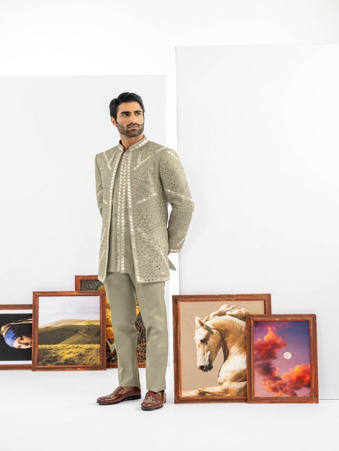 Grey open Indo western with machine embroidery – Image 2