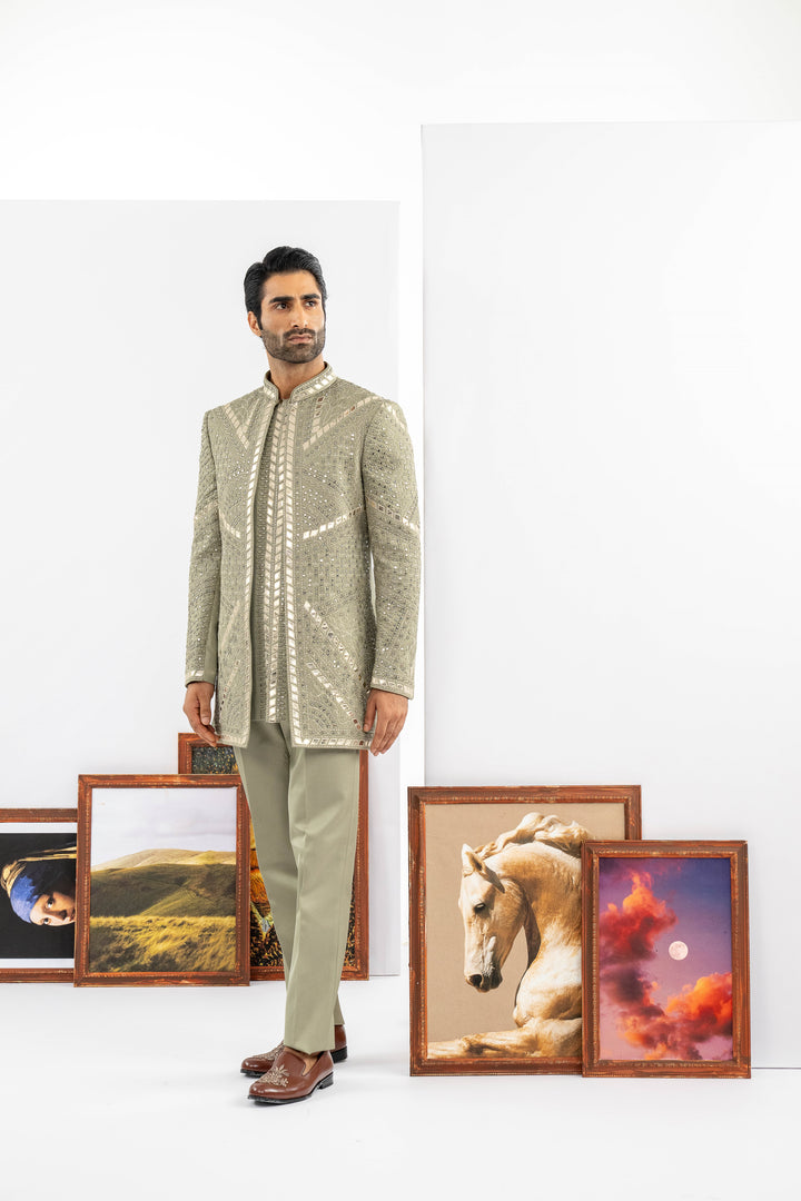 Green Raw Silk Indowestern Set