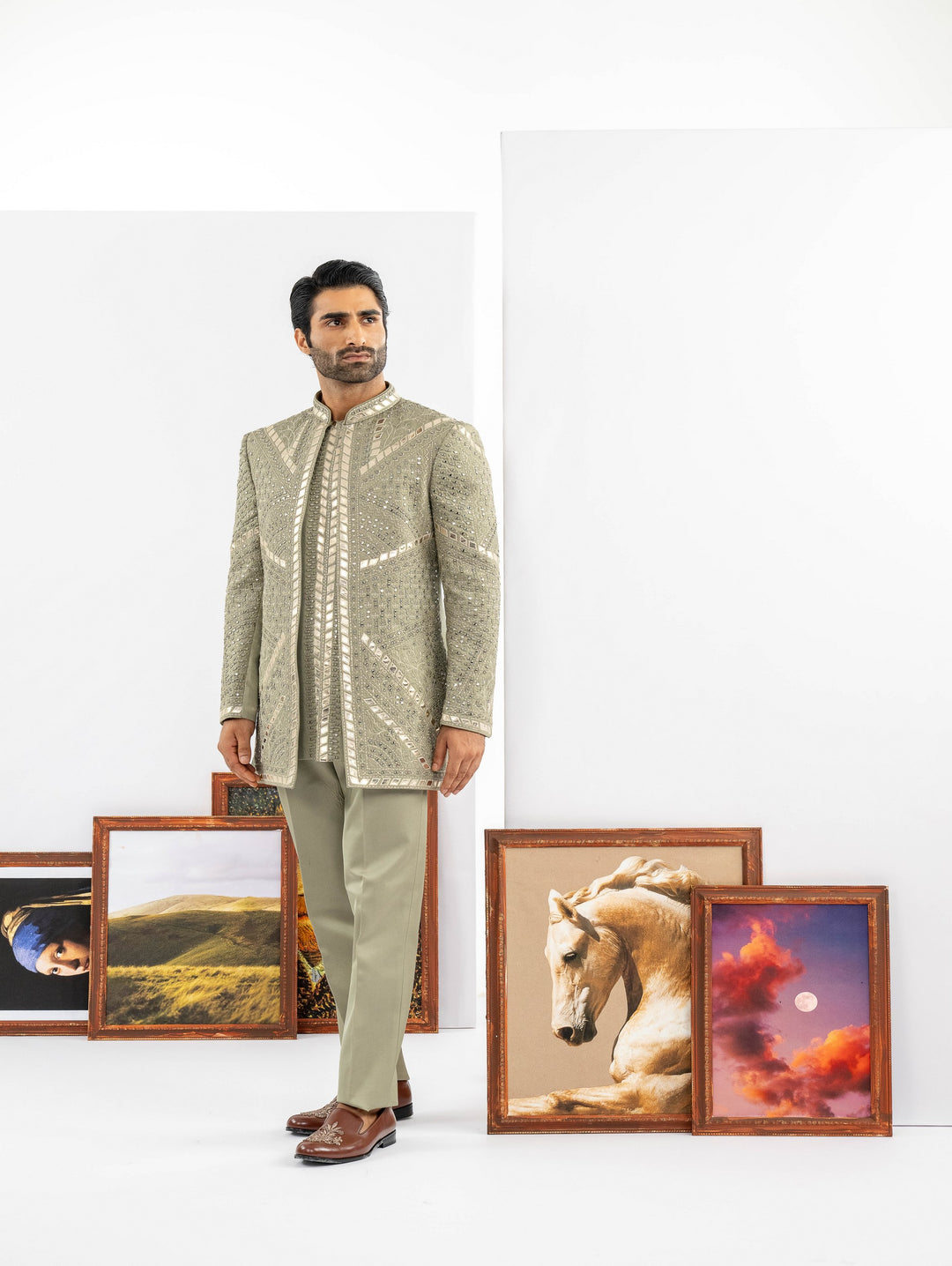 Grey open Indo western with machine embroidery – Image 3