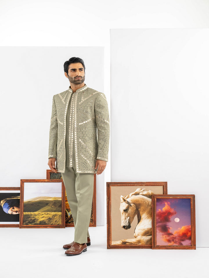 Grey open Indo western with machine embroidery