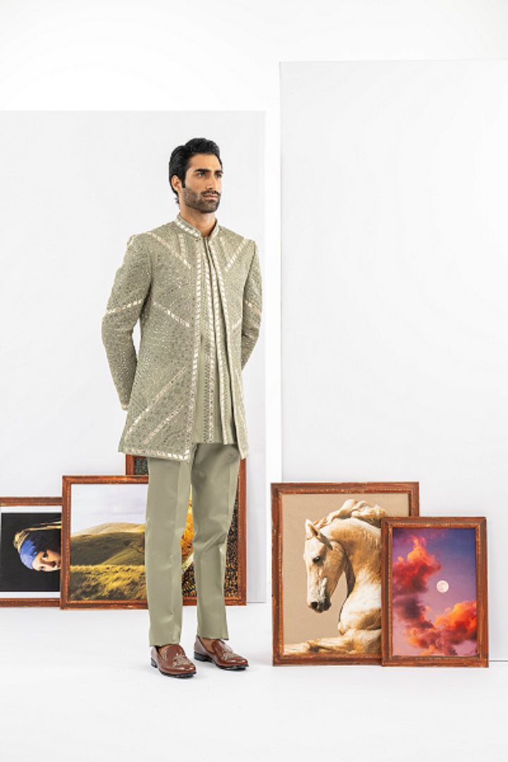 Green Raw Silk Indowestern Set