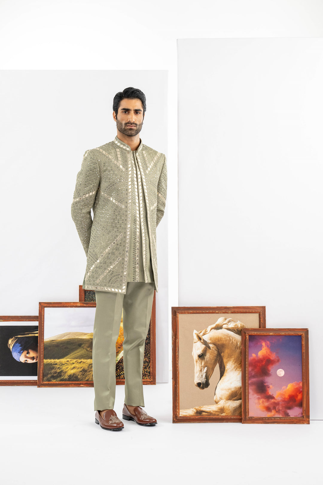 Green Raw Silk Indowestern Set – Image 7