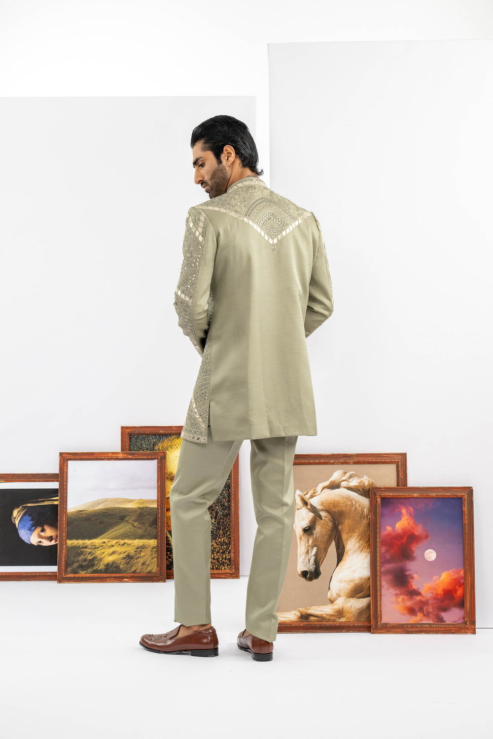 Green Raw Silk Indowestern Set
