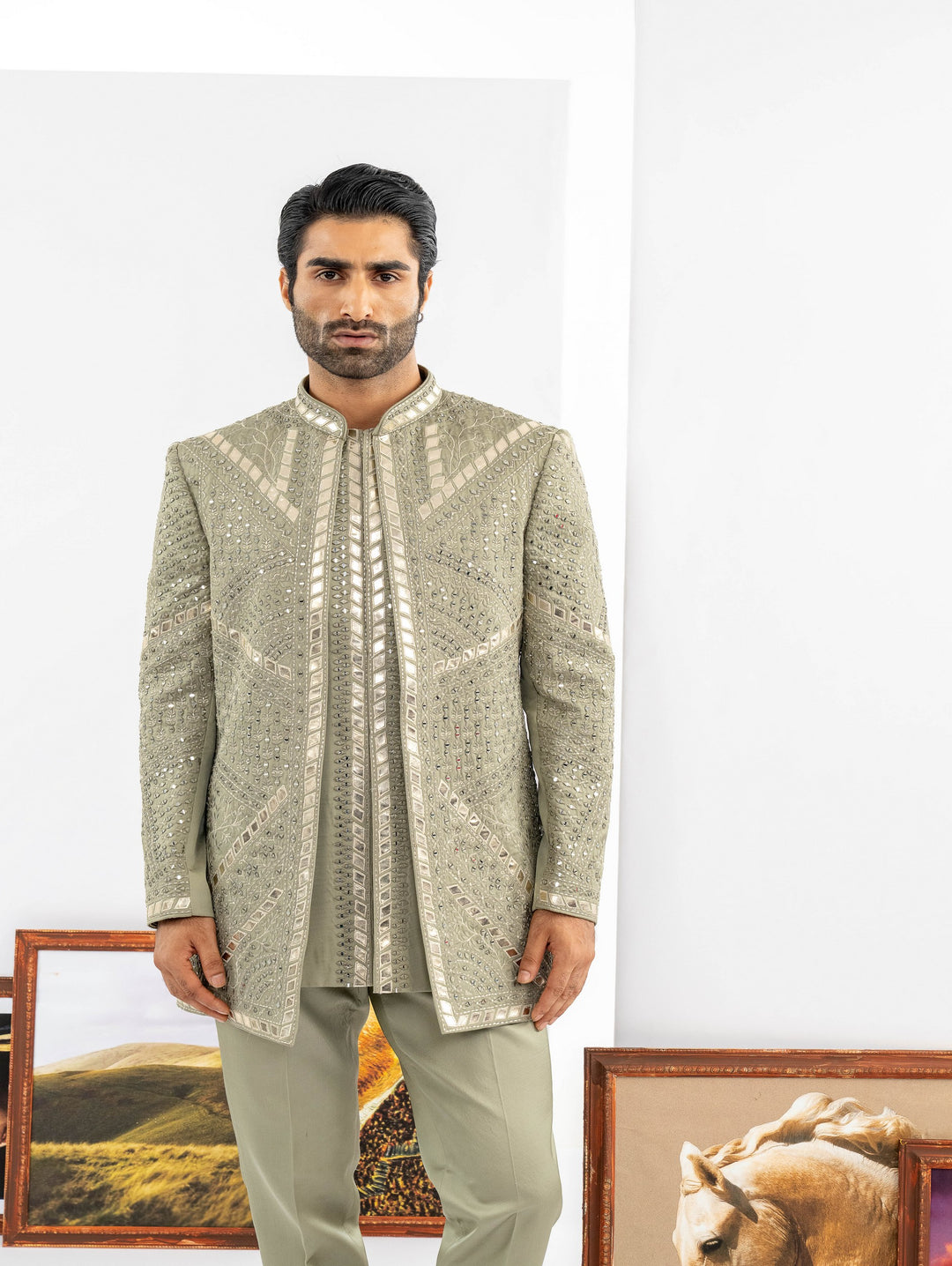 Grey open Indo western with machine embroidery – Image 5