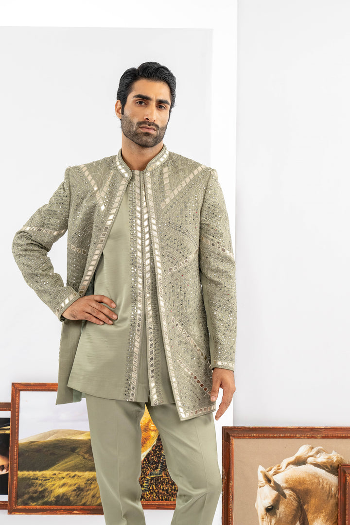 Green Raw Silk Indowestern Set