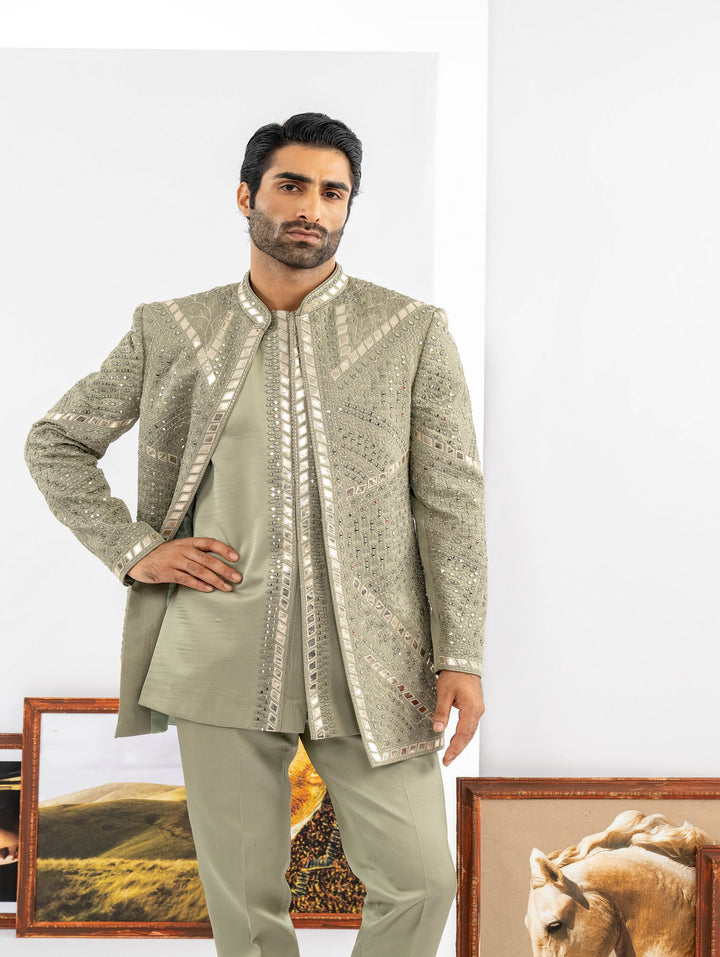 Grey open Indo western with machine embroidery