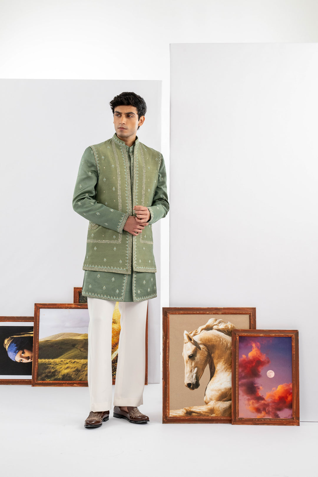 Green Tussar & Dupion Silk Machine Work Indowestern Set