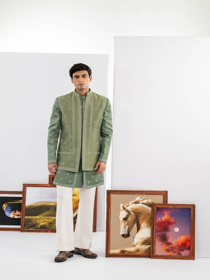 Mint open Indo western machine+ hand embroidery