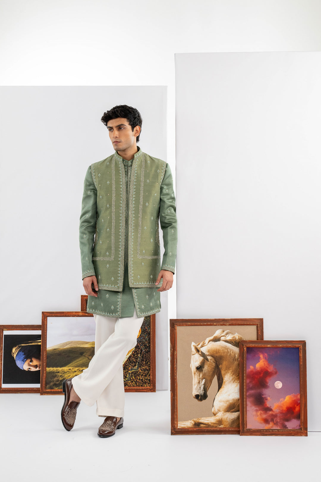 Green Tussar & Dupion Silk Machine Work Indowestern Set – Image 4