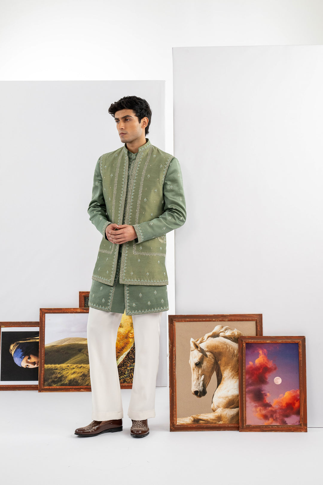 Green Tussar & Dupion Silk Machine Work Indowestern Set – Image 5