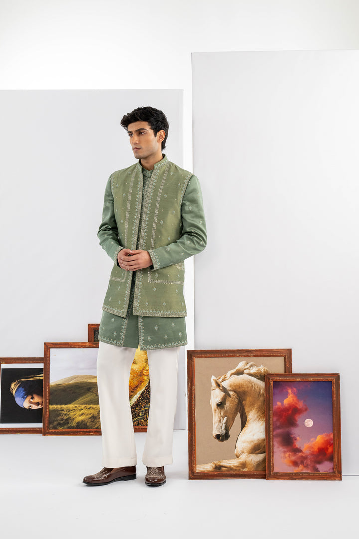 Green Tussar & Dupion Silk Machine Work Indowestern Set