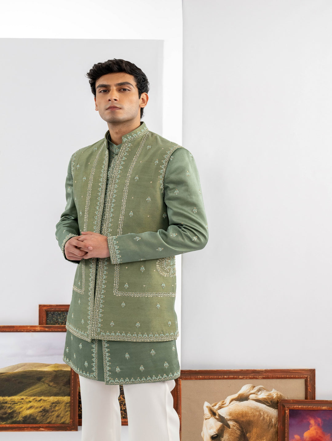 Mint open Indo western machine+ hand embroidery – Image 2