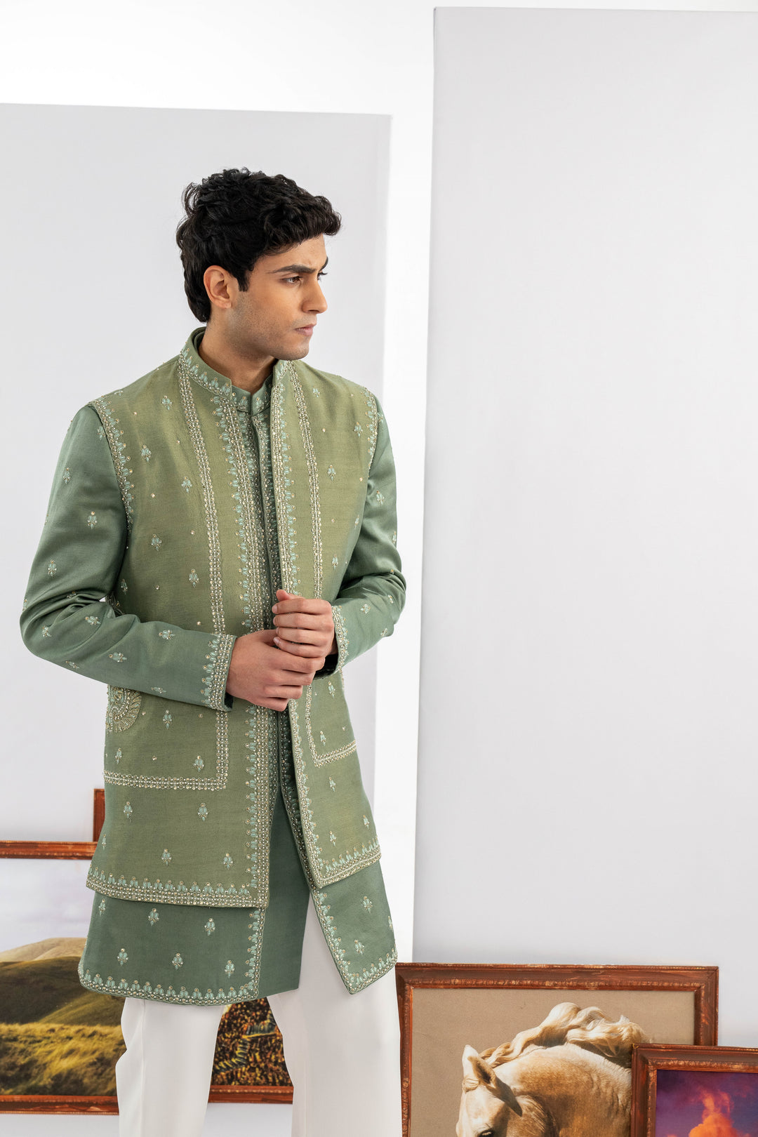 Green Tussar & Dupion Silk Machine Work Indowestern Set – Image 7