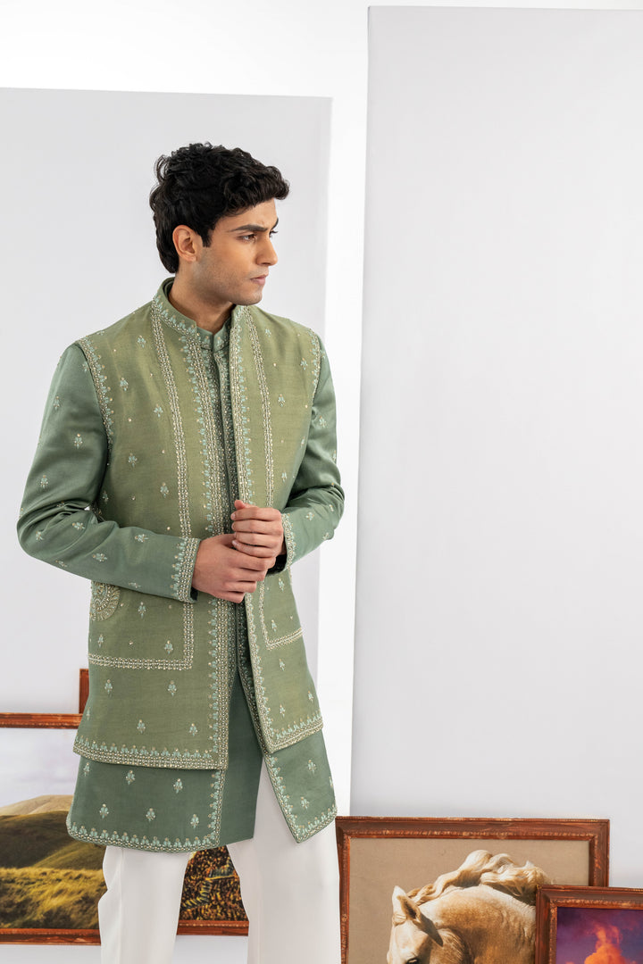 Green Tussar & Dupion Silk Machine Work Indowestern Set