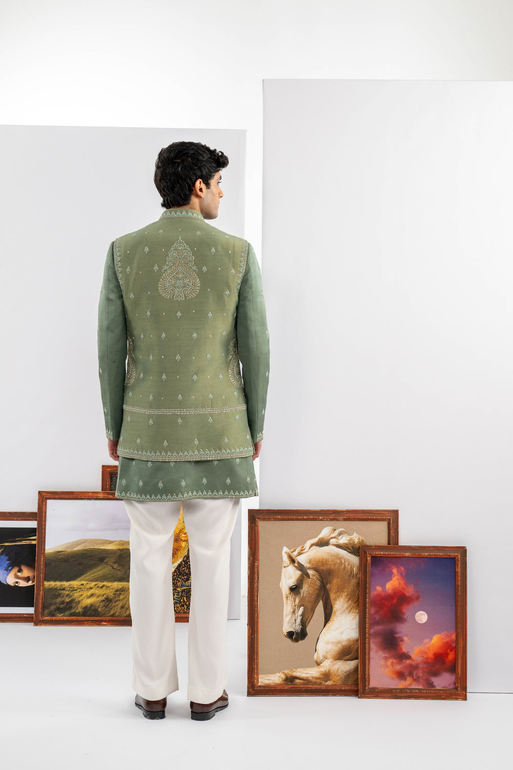 Green Tussar & Dupion Silk Machine Work Indowestern Set