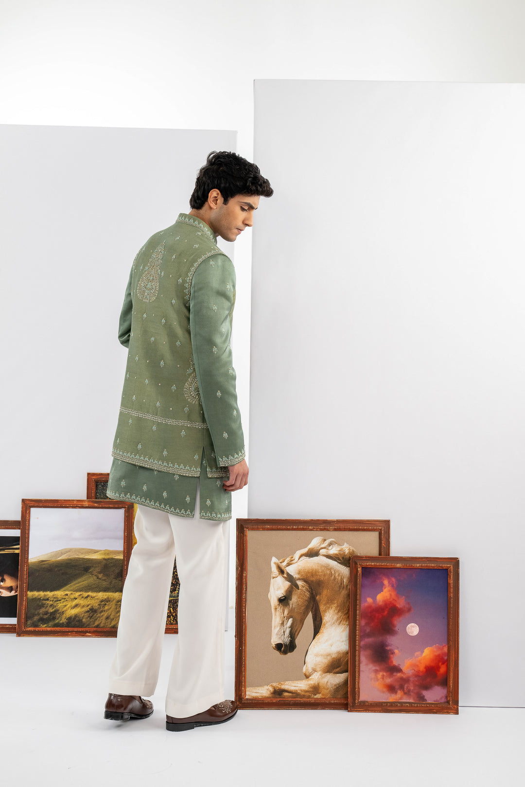 Green Tussar & Dupion Silk Machine Work Indowestern Set – Image 8