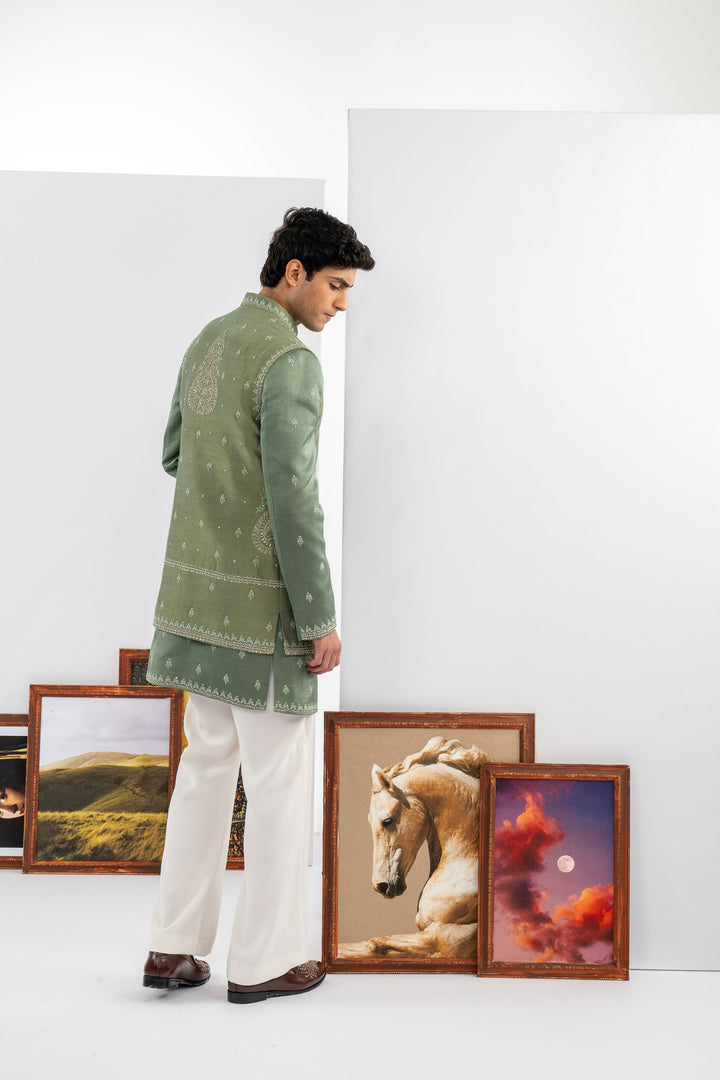 Green Tussar & Dupion Silk Machine Work Indowestern Set