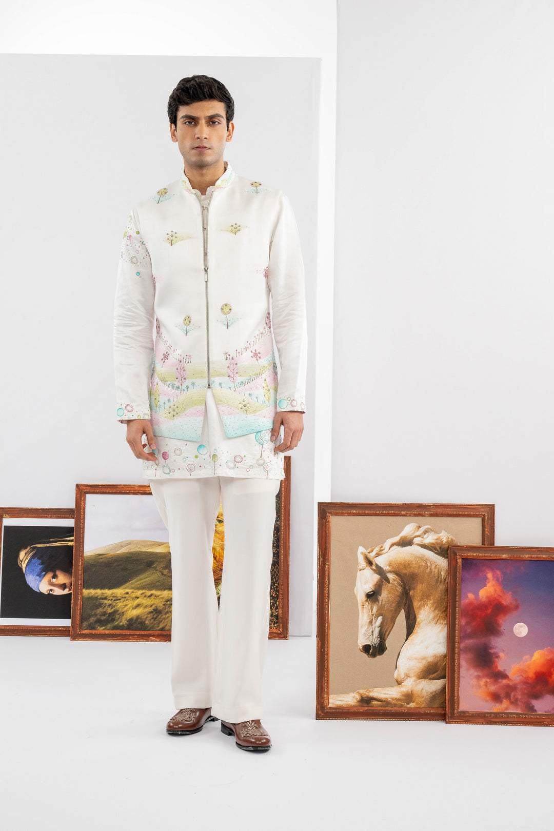 White Japanese Fabric Embroidered Jacket Set