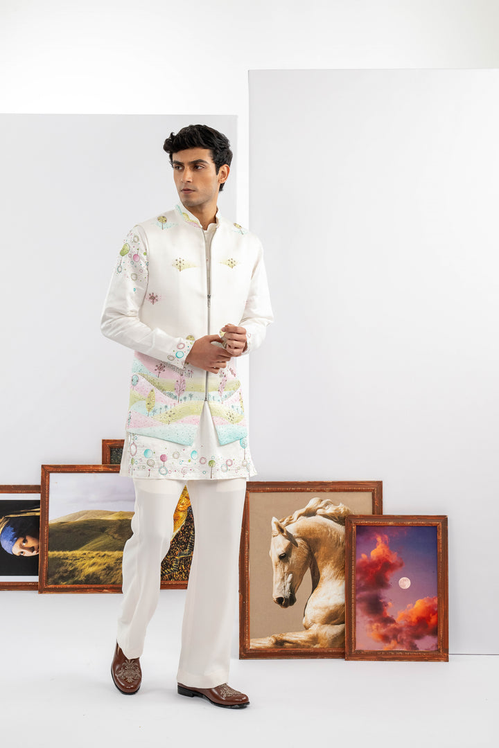 White Japanese Fabric Embroidered Jacket Set