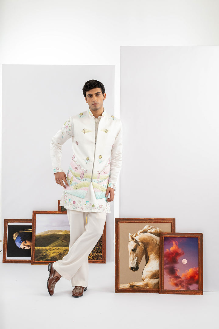 White Japanese Fabric Embroidered Jacket Set