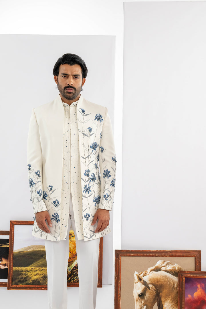 Blue Handpainted flower style open Indo-western