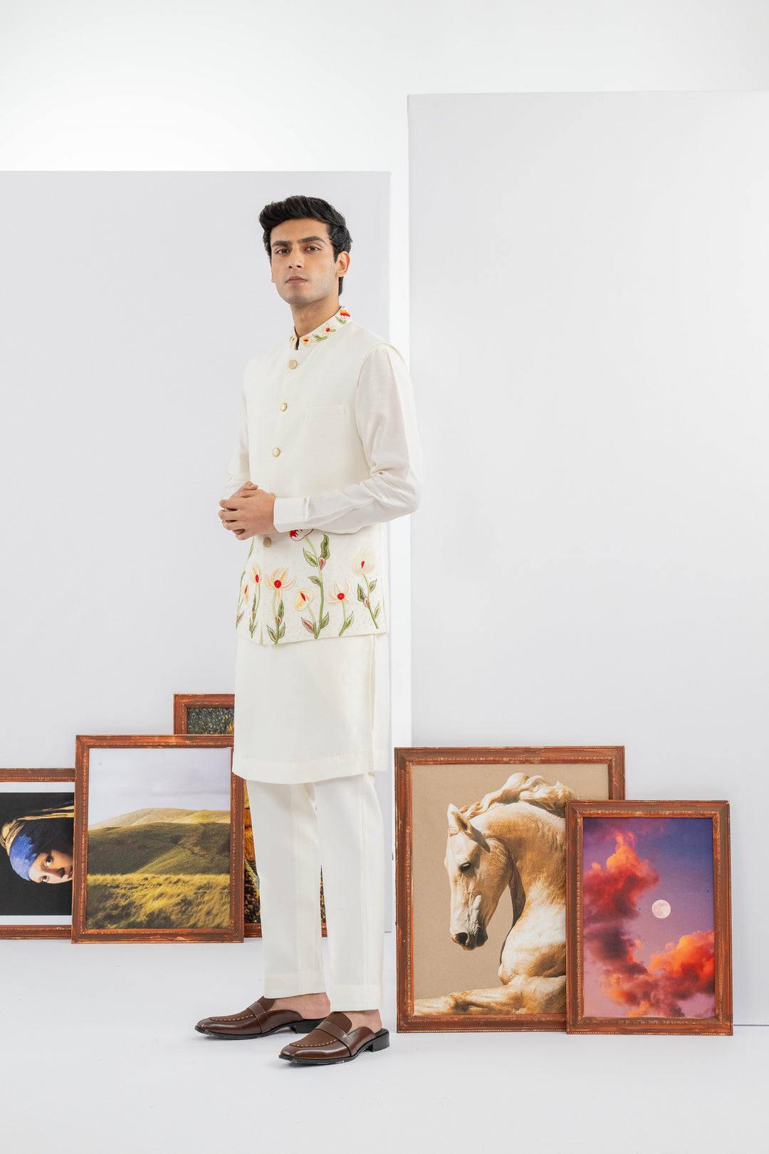 White Dupion Silk Machine & Hand Embroidered Jacket Set – Image 5