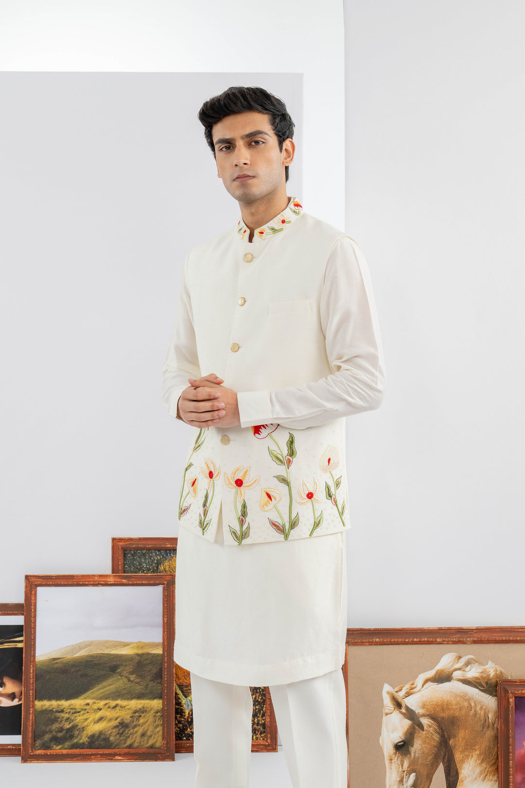 White Dupion Silk Machine & Hand Embroidered Jacket Set – Image 3
