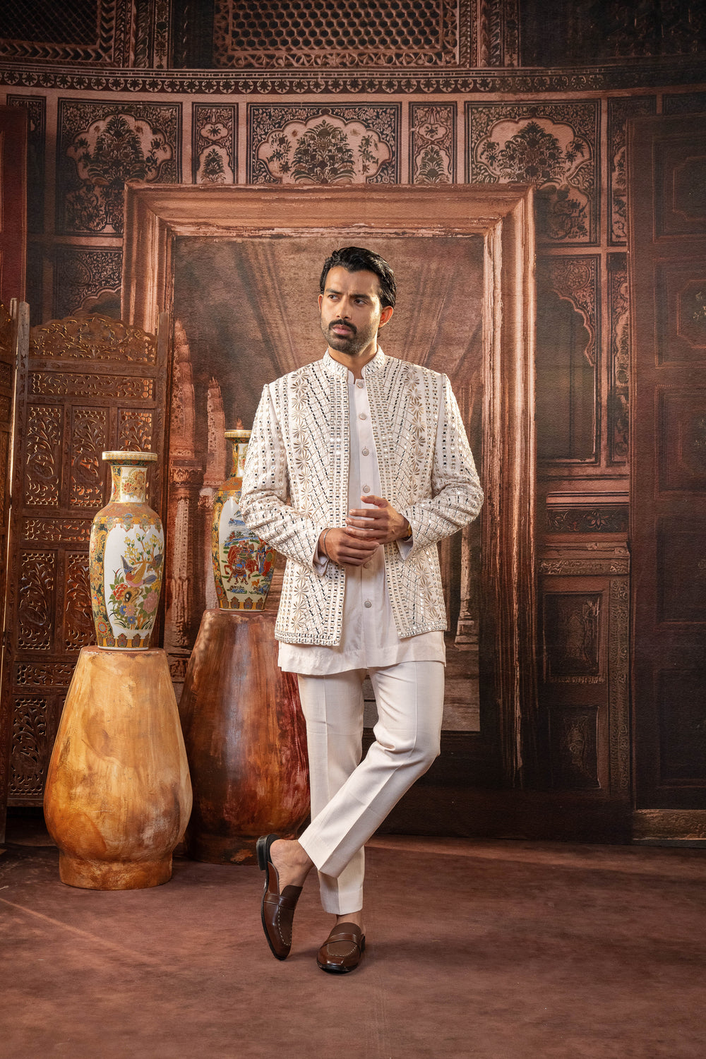 White Dupion Silk Machine Embroidered Open Indowestern Set