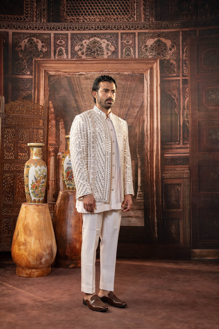 White Dupion Silk Machine Embroidered Open Indowestern Set
