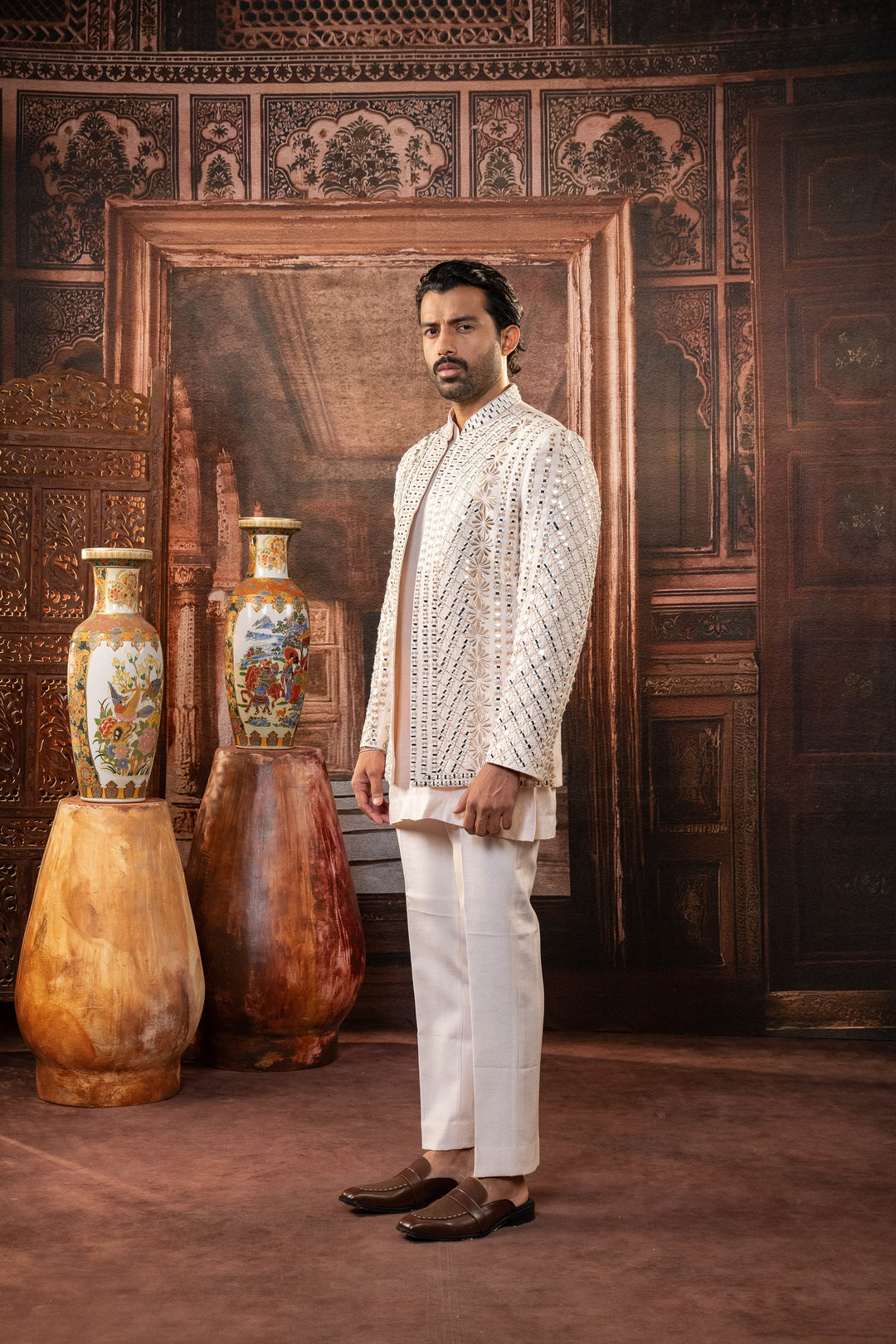 White Dupion Silk Machine Embroidered Open Indowestern Set – Image 4