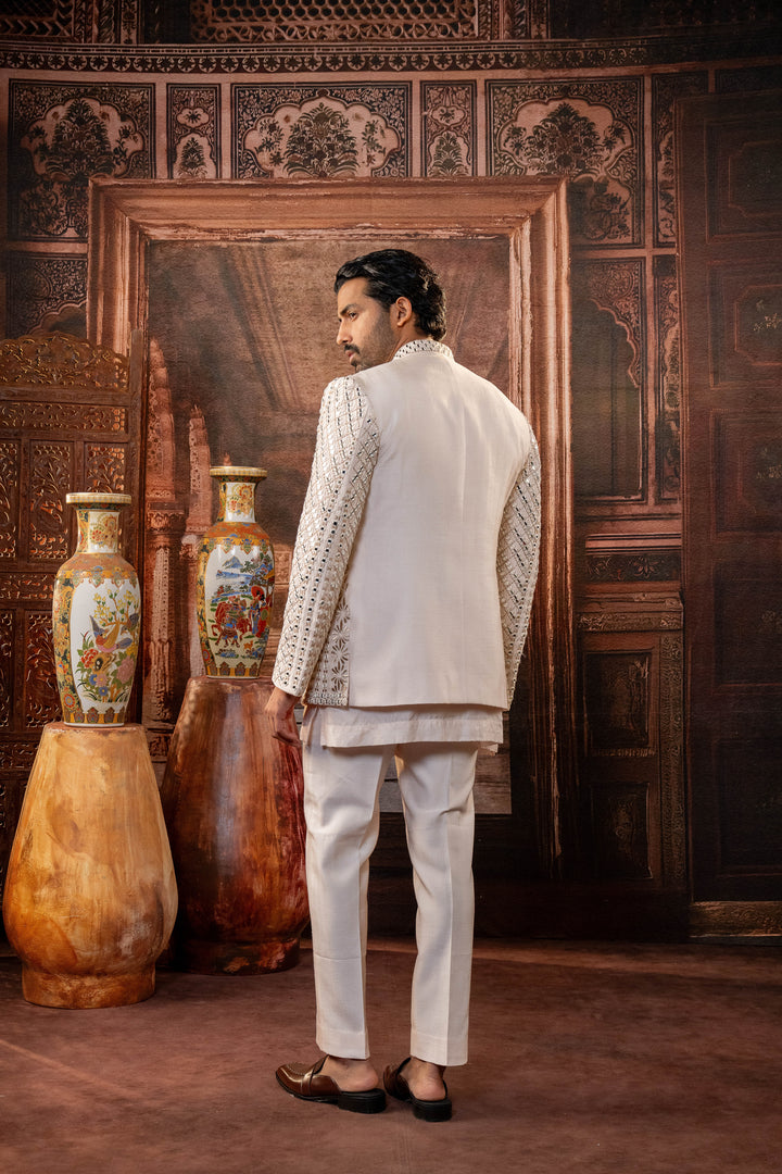 White Dupion Silk Machine Embroidered Open Indowestern Set