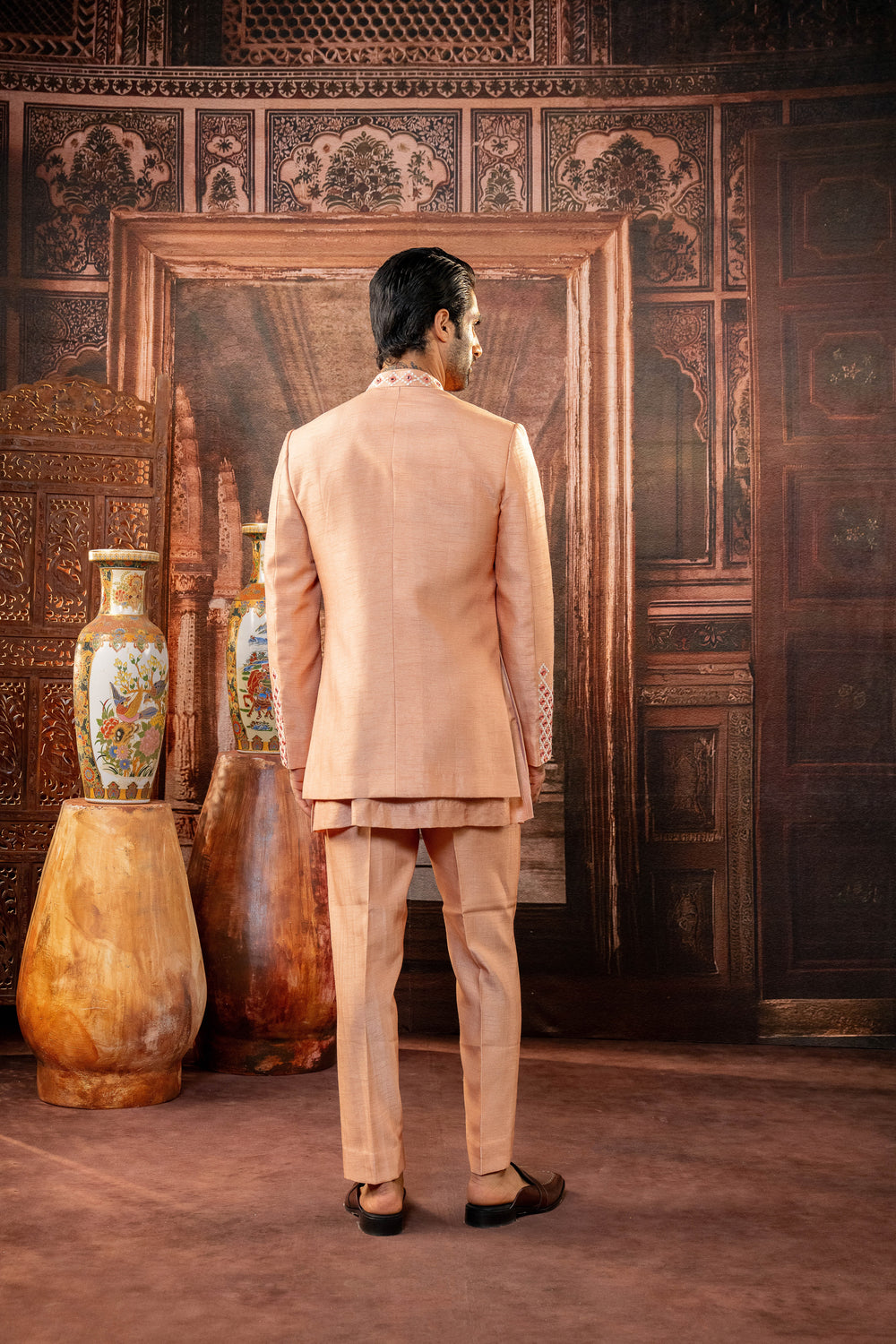 Peach Dupion Silk Mirror Work Open Indowestern Set