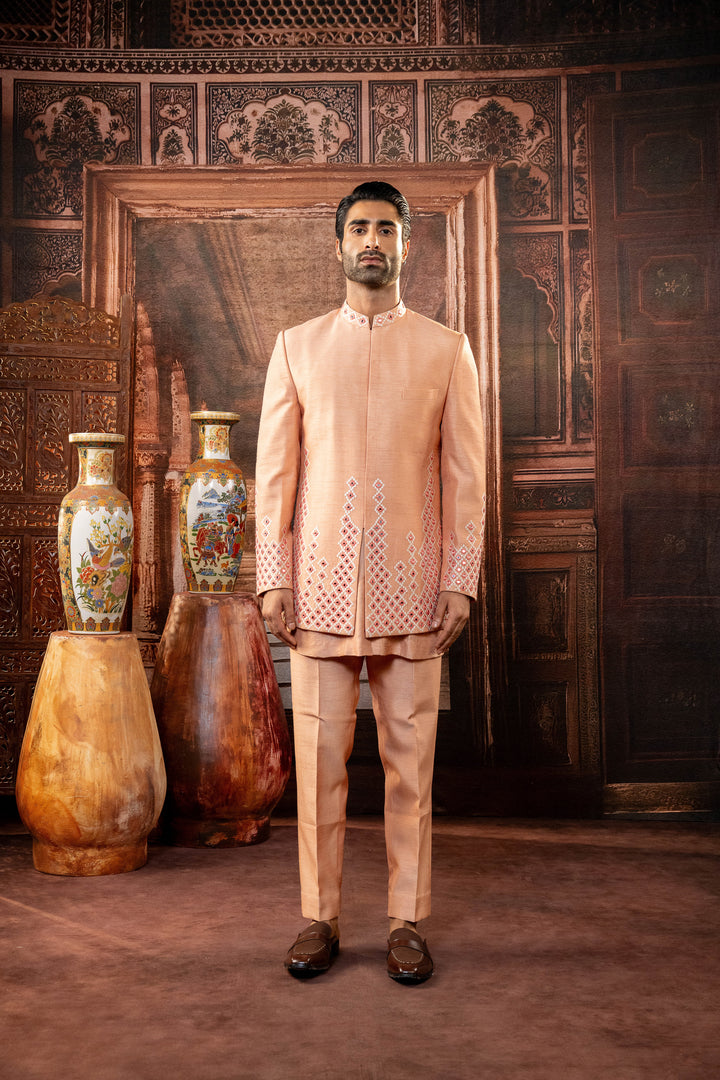 Peach Dupion Silk Mirror Work Open Indowestern Set