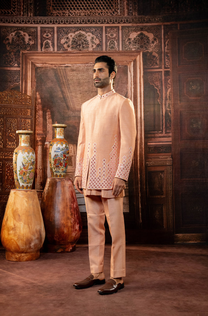 Peach Dupion Silk Mirror Work Open Indowestern Set