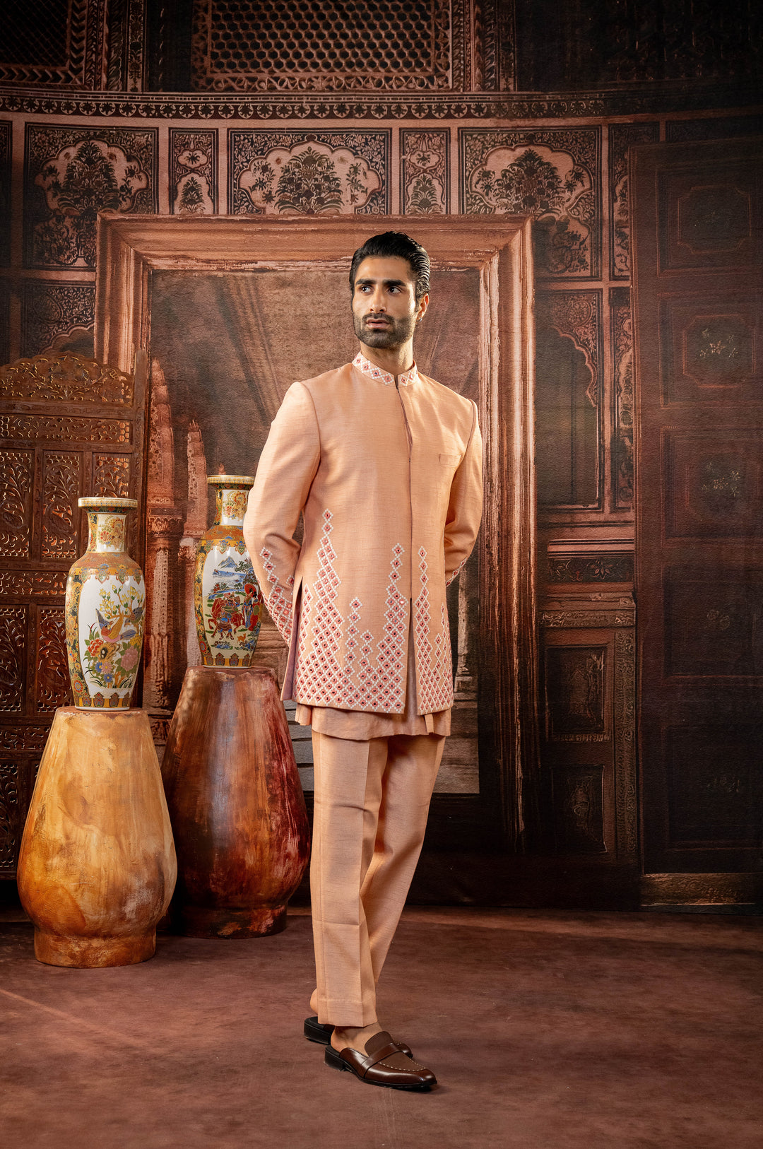 Peach Dupion Silk Mirror Work Open Indowestern Set – Image 3