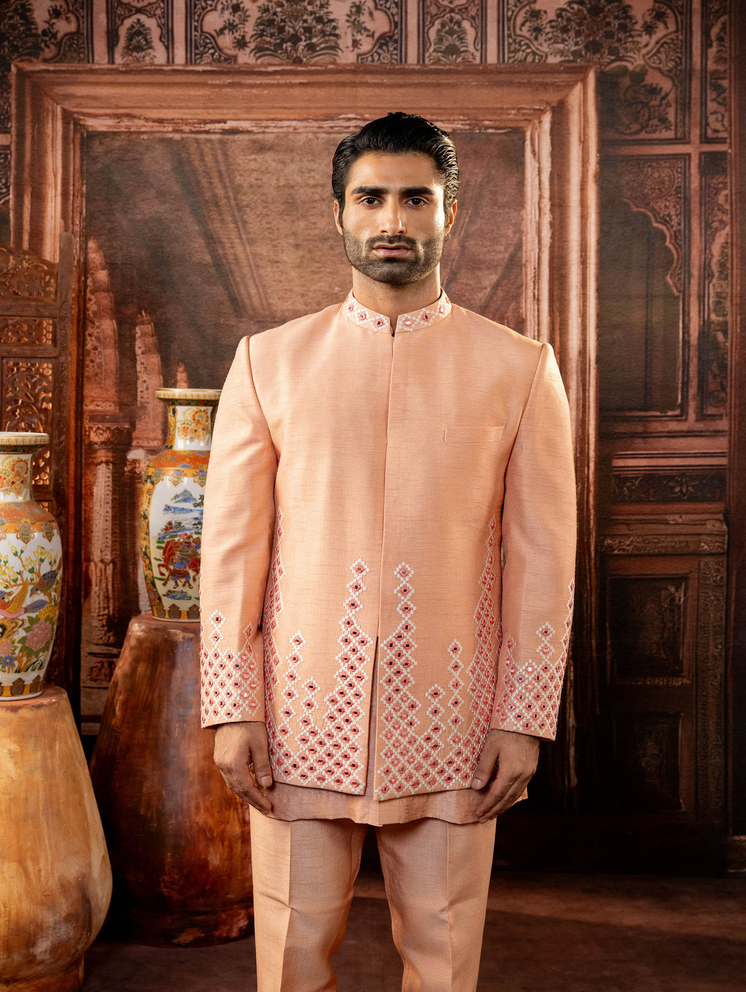 Peach Open indo western with machine embroidery