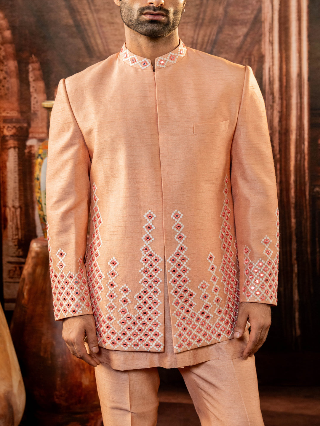 Peach Open indo western with machine embroidery – Image 2