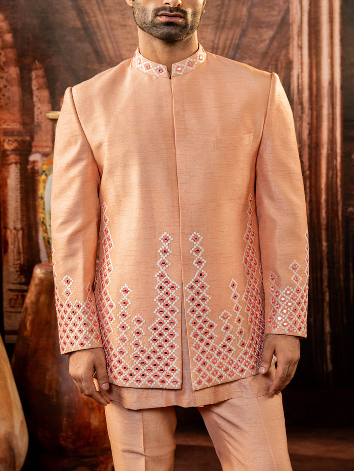 Peach Open indo western with machine embroidery