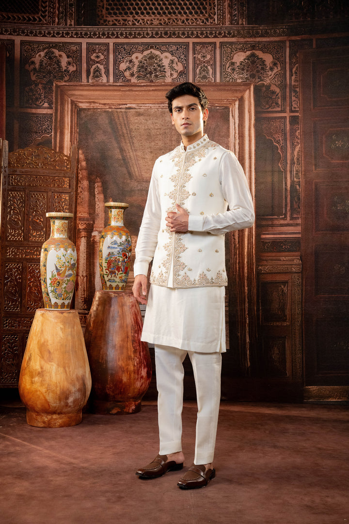 White Dupion Silk Embroidered Jacket Set