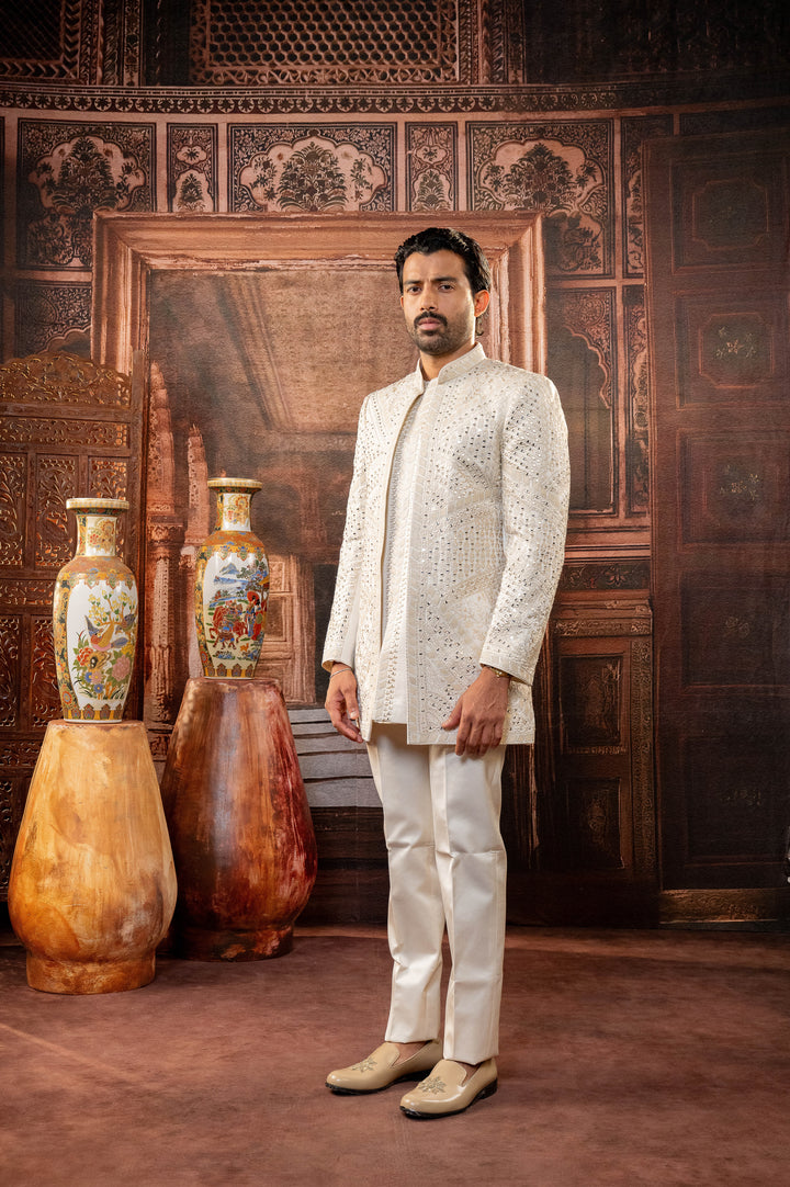 Peach Dupion Silk Mirror Work Open Indowestern Set