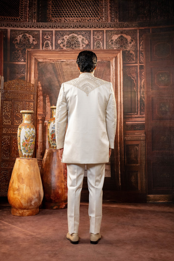 Peach Dupion Silk Mirror Work Open Indowestern Set