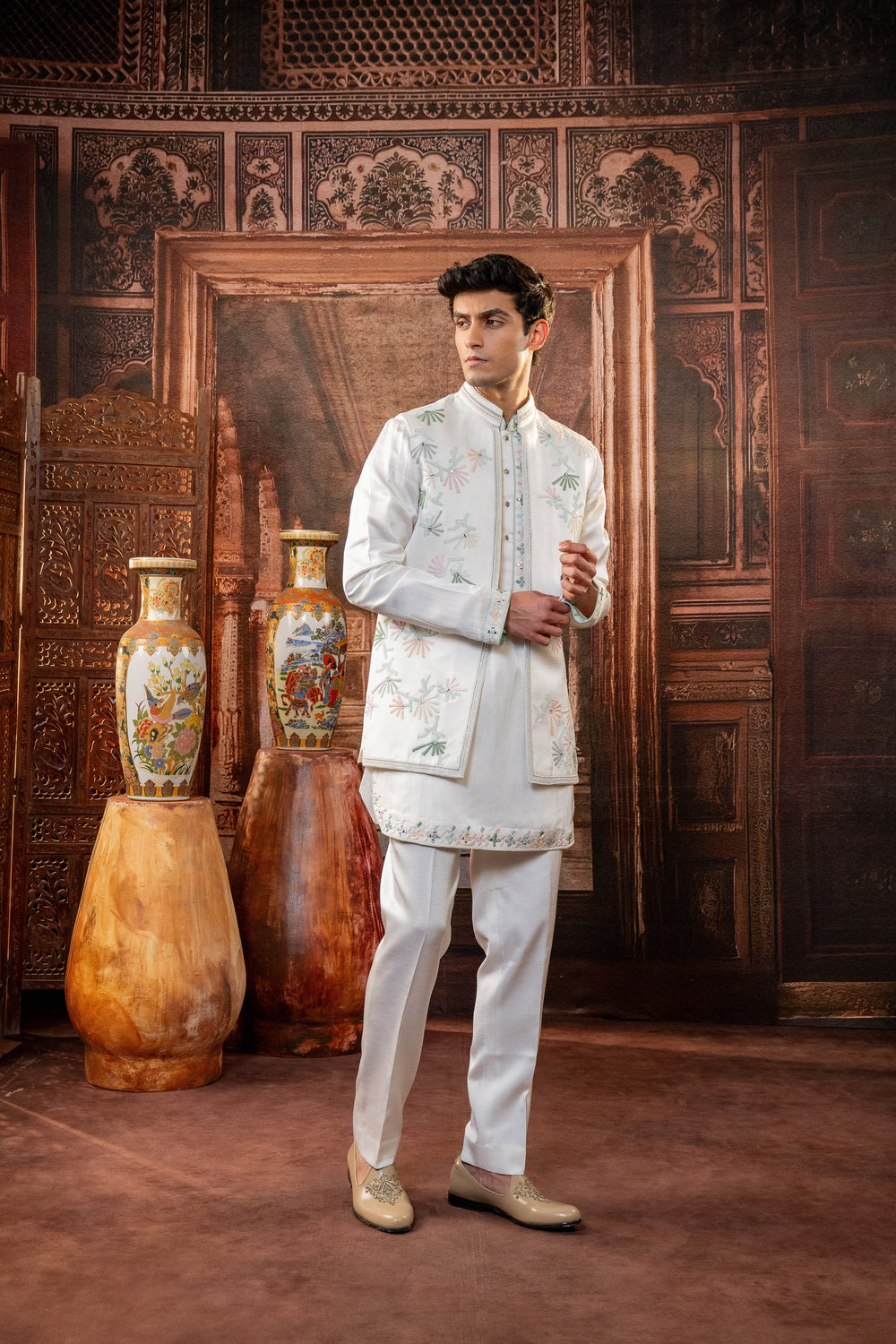White Japanese Fabric Machine & Hand Embroidered Jacket Set