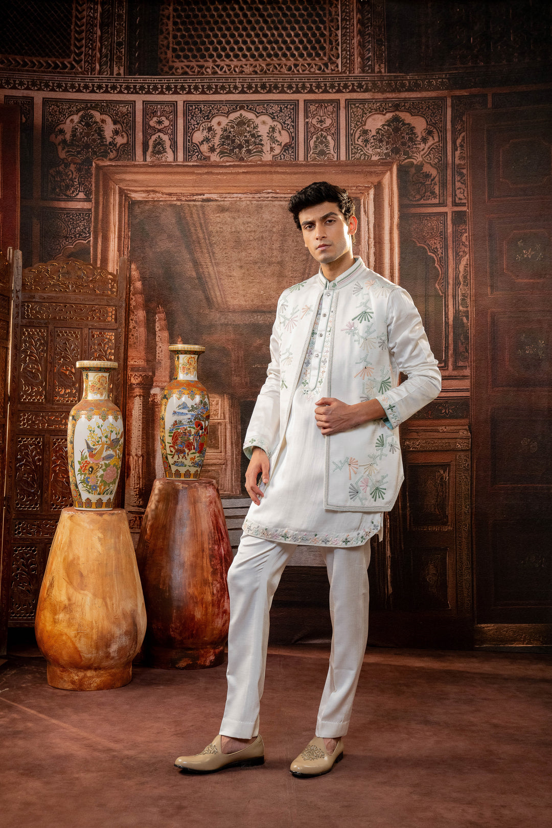 White Japanese Fabric Machine & Hand Embroidered Jacket Set – Image 4