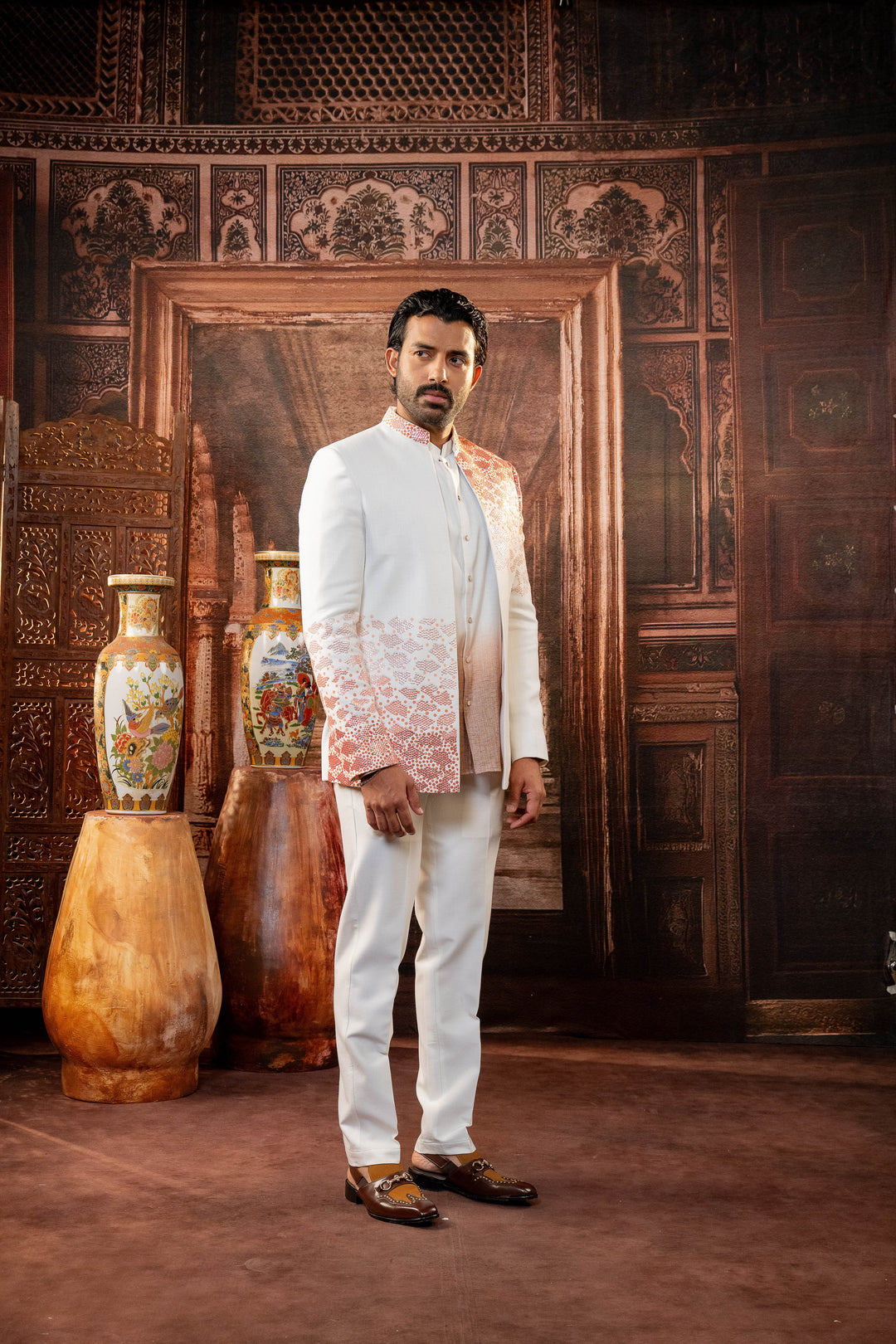 White Linen Silk Handpainted Jacket Set – Image 4